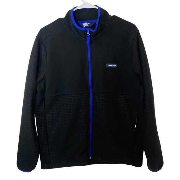 Lands' End Other - Lands End Black Fleece Jacket Mens Size Medium Zip Up Blue Trim Textured